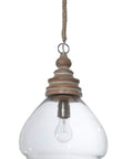 Glass And Mango Wood Ceiling Pendant Light With Distressed Brown Canopy And Jute Wrapped Cord, 112 Inch Chain, light bulb visible