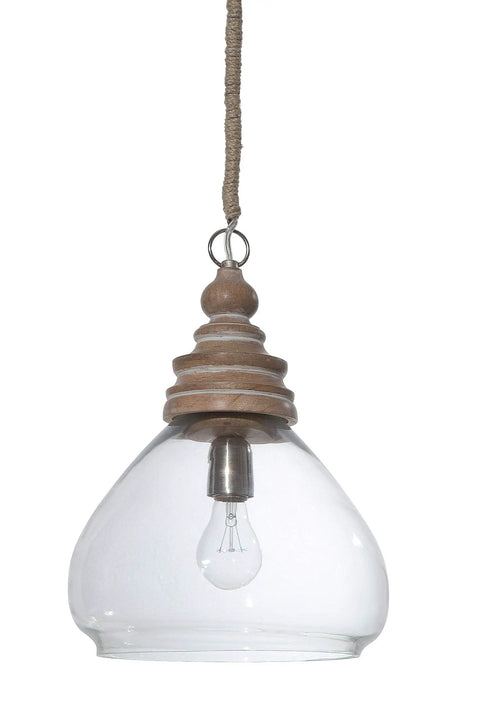 Glass And Mango Wood Ceiling Pendant Light With Distressed Brown Canopy And Jute Wrapped Cord, 112 Inch Chain, light bulb visible