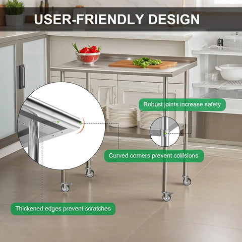 Stainless Steel Commercial Workbench 30 By 36 Inch With Caster Wheels NSF Certified Heavy Duty Table Cart in kitchen setting