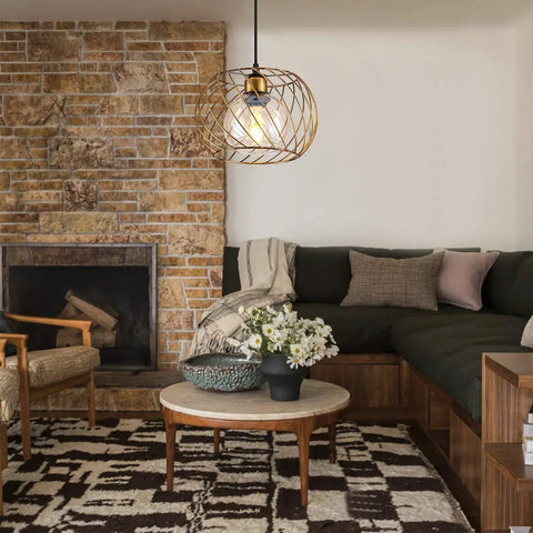 Cozy living room with brick fireplace and Gold Small Hanging Glass Pendant Light With 16ft Plug In Cord Dimmable And Adjustable Mini Pendant