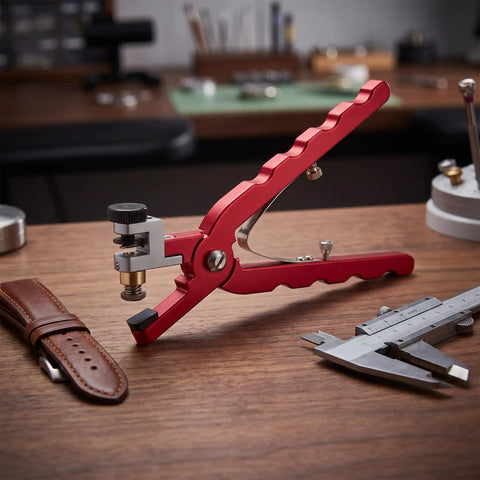 Pro Level Watch Band Tool Kit Featuring Heavy Duty Spring Bar Pliers And Precision Hole Punch For Leather Straps showing red pliers and brown leather strap on wooden table.