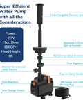 Pond Fountain Pump Kit With Automatic Colorful LED Lights For Outdoor Ponds 400-900 Gal, 880GPH Submersible Water Pump, 45W, side view