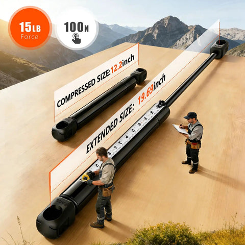 20 Inch 15 Lb RV Door Gas Struts Two Pack for Camper Motorhome Entry Doors Shock Absorbers SX200P15 12579 on wooden table