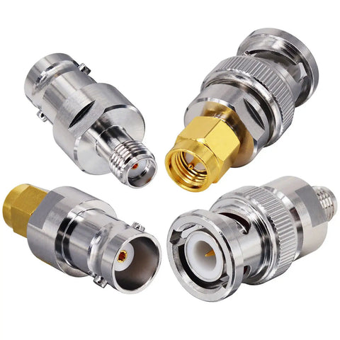 BNC to SMA Coax Adapter for Baofeng UV-5R Ham Radio, HT Antenna, Scanner and SDR Dongle displayed in a four-piece kit