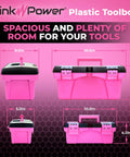 Pink Tool Box Set For Women, Large 16.5 inch and Small 10 inch pink plastic boxes with handles, locking lids, side view.