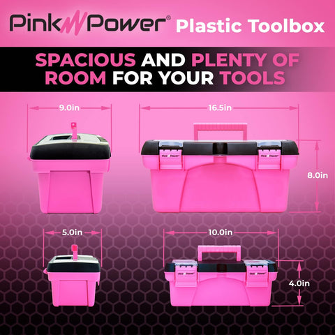 Pink Tool Box Set For Women, Large 16.5 inch and Small 10 inch pink plastic boxes with handles, locking lids, side view.