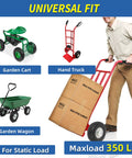 Man using hand truck with Flat Free 10 Inch Tire And Wheel 4.10/3.50-4, garden cart, and wagon shown