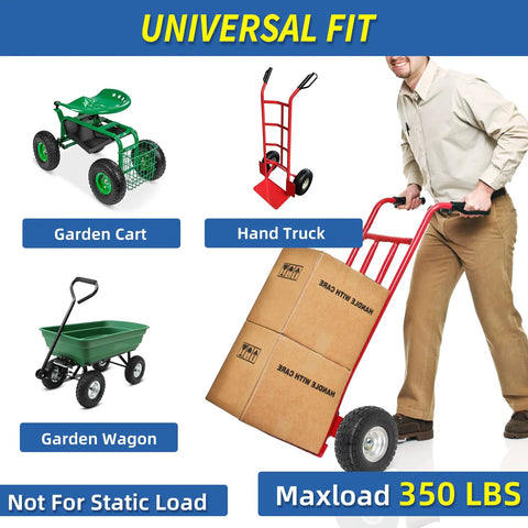 Man using hand truck with Flat Free 10 Inch Tire And Wheel 4.10/3.50-4, garden cart, and wagon shown