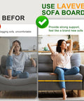 Before and after image showing Heavy Duty Couch Bottom Support Board For Sagging Sofas supporting seating on a couch.
