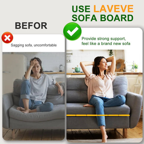 Before and after image showing Heavy Duty Couch Bottom Support Board For Sagging Sofas supporting seating on a couch.