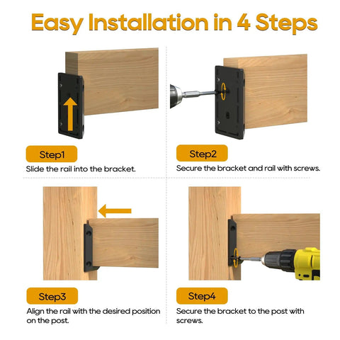 Installation steps for Heavy Duty Dope Deck Railing Bracket Connectors For 2X4 Wood Posts Actual 1.5 By 3.5 Inches Black Nylon