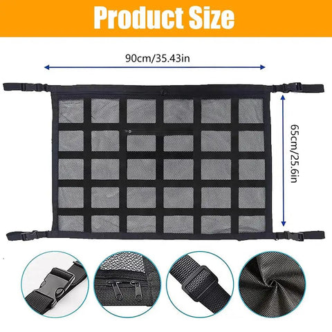 Solid Rig Overhead Cargo Net For Tesla Cybertruck Adjustable Nylon Webbing Straps 90cm x 65cm for organizing gear.