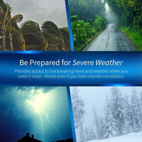 Collage of severe weather scenes highlighting need for ClearStream 4V Indoor Outdoor TV Antenna With 70+ Mile Range coverage.