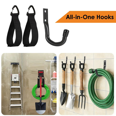 Beefy Heavy Duty Garage Hooks 8 Pack for Wall Mount Storage displaying hooks for ladders, tools, and hoses in a garage setup.
