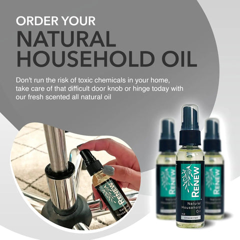 Renew Natural Household Oil Unscented All Purpose Lubricant Spray For Doors Hinges And Locks bottle and application on hinge