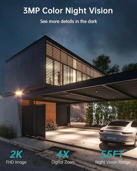 Image of a modern house during nighttime, illuminated by the Solar Wireless Outdoor Security Camera With 360 Degree View 2K Color Night Vision.