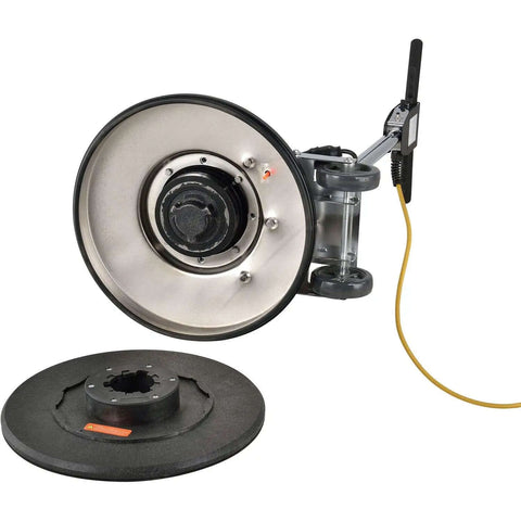 Corded Dual Speed Floor Machine Workhorse With 20 Inch Cleaning Width Stainless Steel Build Heavy Duty 1.5 HP Motor All Steel Gearbox And 50 Foot Safety GFCI Power Cord For Versatile Commercial Floor Care showing bottom view with circular attachment.