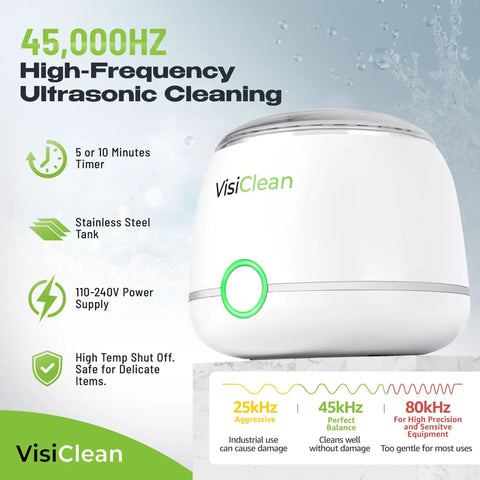 Ultrasonic Retainer Cleaner For Aligners Night Guards Dentures And Mouthguards Plus Jewelry Watches Glasses And Coins Deep Cleaning At 45000 Hz With Millions Of Micro Bubbles For A Fast Safe Everyday Shine Keeps Your Gear Fresh And Sparkling with VisiClean branding.