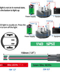Wiring diagram of IP67 Waterproof Latching Push Button Switch 15A 12-24V DC with LED Angel Eye Light, showing connections and LED operation.