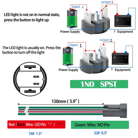 Wiring diagram of IP67 Waterproof Latching Push Button Switch 15A 12-24V DC with LED Angel Eye Light, showing connections and LED operation.