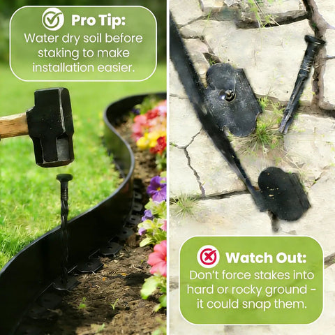 Installing 40 Ft Landscape Edging Kit With 36 Spikes 3 Inch High Flexible Plastic Garden Border showing hammer and stake in soil