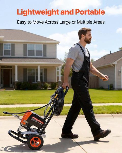 Pro Level Stand Airless Paint Sprayer Beefy 900W Motor Pushing A Solid 3300 Psi Right Off The Wheeled Cart Complete Starter Pack With Heavy Duty Hose Long Extension Pole And Assorted Tips To Knock Out Interior Or Exterior Jobs Quickly, man moving paint sprayer cart.