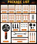 Package list of 55-In-1 Bearing Puller Set For Auto, Bike, And Industrial Repair showing various pullers and tools.