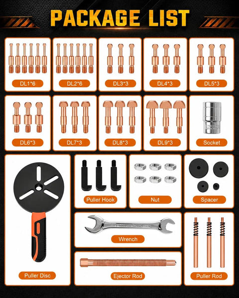 Package list of 55-In-1 Bearing Puller Set For Auto, Bike, And Industrial Repair showing various pullers and tools.