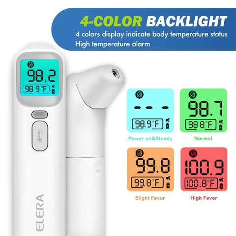 Kid Friendly Forehead And Ear Thermometer With No Contact 1 Second Reading For Kids And Adults Fever Alarm Mute Mode LCD Display Touchless Scan For Babies Toddlers And Family, 4-color backlit screen