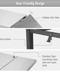 Movable Grill Table With Folding Side Table And Pizza Oven Prep Cart For Outdoor And Indoor Use, Stainless Steel 43 Inch Tabletop With Undershelf, showing foldable extension, utensil hooks, and stainless steel surface.