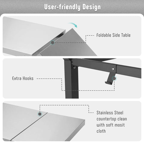 Movable Grill Table With Folding Side Table And Pizza Oven Prep Cart For Outdoor And Indoor Use, Stainless Steel 43 Inch Tabletop With Undershelf, showing foldable extension, utensil hooks, and stainless steel surface.