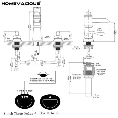 Installation diagram of Black Waterfall Bathroom Faucet With 8 Inch Widespread Arc, Dual Lever Handles, and 3-Hole Vanity Setup