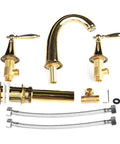 Polished Gold 3 Hole Bathroom Faucet Set With Overflow Pop Up Drain Easy Install Widespread Brass Two Handle Bath Tub Faucet For Restroom Sink No Drip Ceramic Valve shown with components and hoses