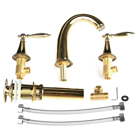 Polished Gold 3 Hole Bathroom Faucet Set With Overflow Pop Up Drain Easy Install Widespread Brass Two Handle Bath Tub Faucet For Restroom Sink No Drip Ceramic Valve shown with components and hoses