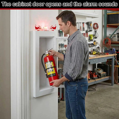 Man accessing Recessed 10 Pound Fire Extinguisher Cabinet With Alarm, White Steel Wall Mount Safety Box in workshop