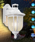 Motion Sensor Outdoor Light With Dusk To Dawn, Wall Mount Lantern on a brick wall, showcasing weatherproof features in rain