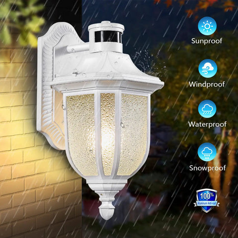 Motion Sensor Outdoor Light With Dusk To Dawn, Wall Mount Lantern on a brick wall, showcasing weatherproof features in rain