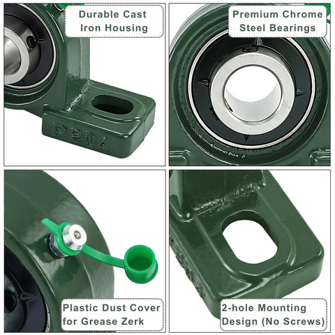 Hacaroa 8-pack UCP204-12 pillow block bearing in green cast-iron housing with chrome steel bearing and grease zerk.