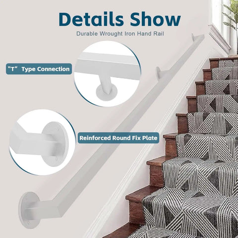 Wall Mounted Wrought Iron Stair Railing System With Adjustable White Galvanized Tube And Heavy Duty Wall Brackets For Indoor Outdoor Step Support With No Sweat Quick Install close-up of "T" connection and round fix plate.