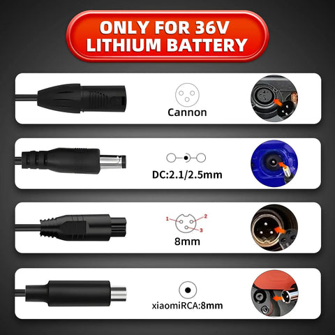 UL Listed 42V 2A Replacement Electric Scooter Charger Four Plug Options for 36V Li Ion Batteries