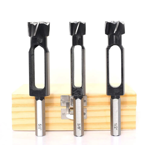 Badass Wood Plug Cutter Set For Pocket Holes And Dowel Pins featuring 3 cutters for 5/8, 3/8, and 1/2 inch joinery work.