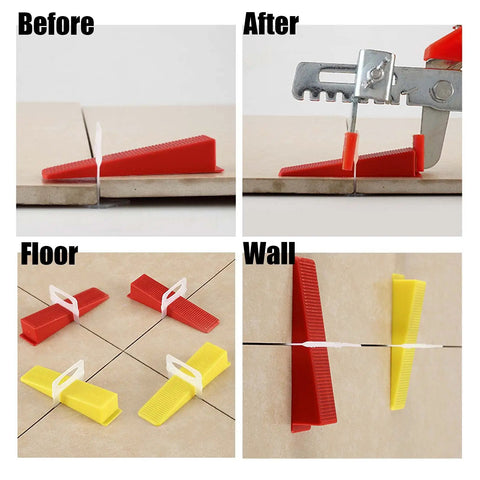 Pro Grade Tile Leveling System Kit 1/8 Inch With 500 Spacers 100 Wedges And 1 Floor Tile Plier Lever demonstrating use on tiles.