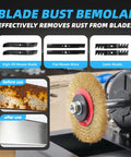 Blade before and after rust removal using Beast Mode Eight Hundred Watt Lawn Mower Blade Sharpener And Bench Grinder With Nine Inch Ceramic Grinding Wheel For Quick Multi Angle Sharpening Plus Rust Removal Designed For High Lift Low Lift Gator And Flat Deck Blades.