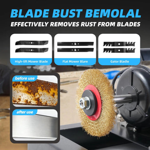 Blade before and after rust removal using Beast Mode Eight Hundred Watt Lawn Mower Blade Sharpener And Bench Grinder With Nine Inch Ceramic Grinding Wheel For Quick Multi Angle Sharpening Plus Rust Removal Designed For High Lift Low Lift Gator And Flat Deck Blades.