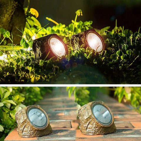 Solar Rock Lights For Garden Pathways Four Pack, 10 LED Waterproof Outdoor Yard Lights illuminating garden path at night