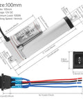 Diagram of Beefy 12V Linear Actuator With 1000N Thrust, showing dimensions, waterproof switch, and wiring details.