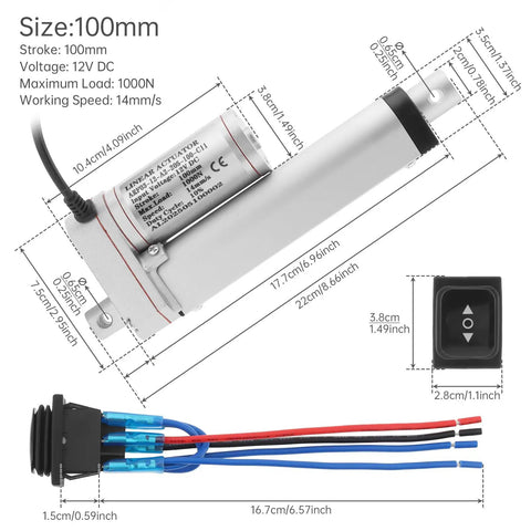 Diagram of Beefy 12V Linear Actuator With 1000N Thrust, showing dimensions, waterproof switch, and wiring details.