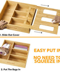 Durable Bamboo Bag Holder For Kitchen Drawer Fits Gallon Quart Sandwich Snack Bags, showing sliding cover and four slots.