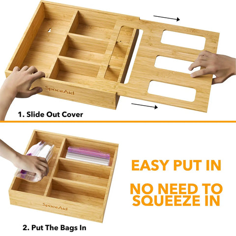 Durable Bamboo Bag Holder For Kitchen Drawer Fits Gallon Quart Sandwich Snack Bags, showing sliding cover and four slots.
