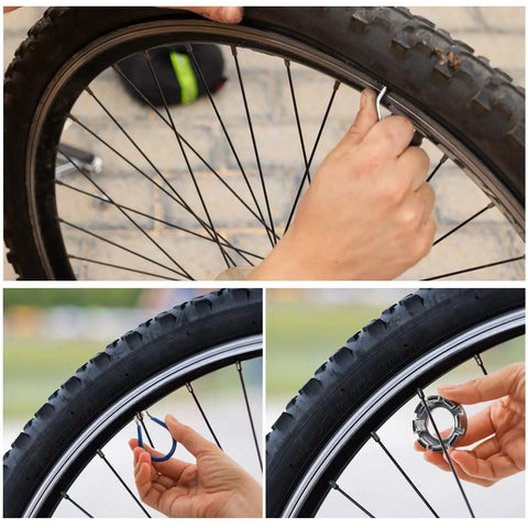 Using 8 Piece Bicycle Spoke Tension Meter Wrench Set with Tire Levers and Tools Portable Wheel Spoke Indicator on bike wheel